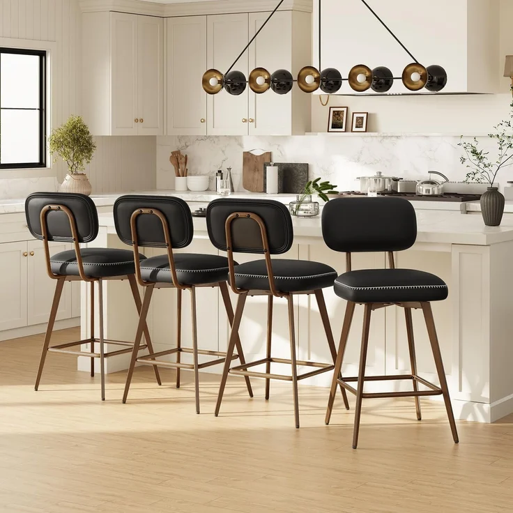 MALOL 360° Drehbarer Barhocker, Leder Bar Hocker 4er Set mit Rückenlehne, StilErgonomischer Barhocker mit Fußstütze, Moderner Küchenhocker mit Metallbeine für Theke, Bar, Esszimmer, Schwarz