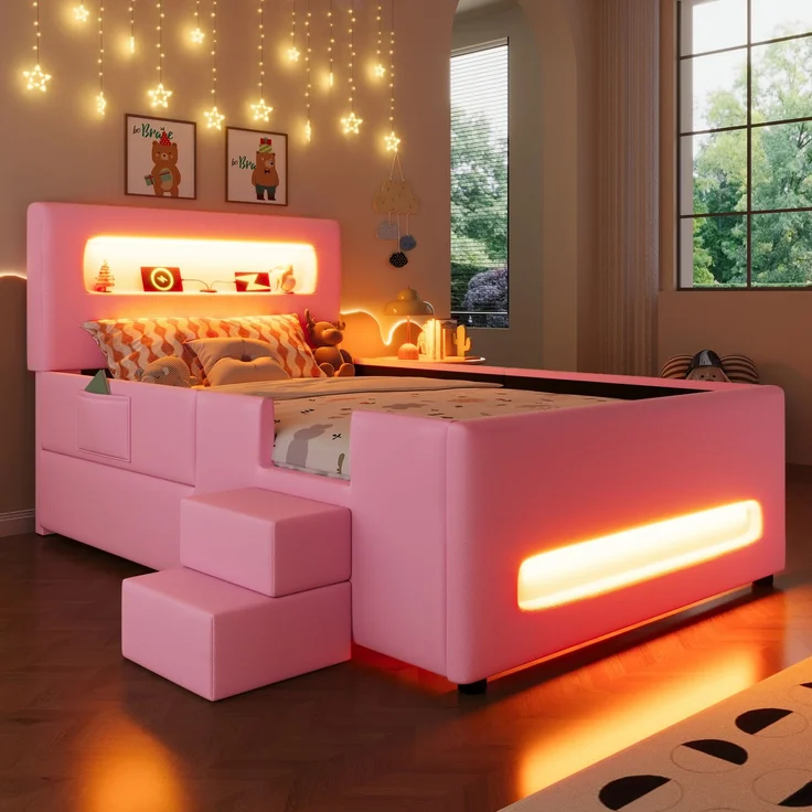 Gepolstertes Plattformbett 90x200 cm mit Treppe, Schubladen, LED-Lichtleisten, USB und Aufbewahrungstaschen, Rosa – Bild 1