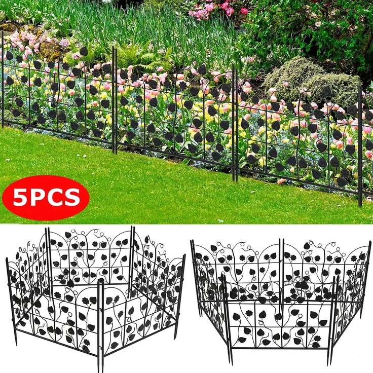 UNHO Gartenzäune Teichzaun 5 Stück Gartenzaun Zaunelemente Metallzaun Gartentor Steckzaun Dekozaun Teichzaun Metall Randzaun 69x67 cm Schwarz