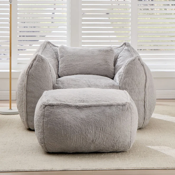 Riesiger Sitzsack für Erwachsene und Kinder, Sitzsack-Sofa mit Kunstfellbezug, Kissen und Hocker, bequemes Lese- und Spielsofa für Schlaf- und Wohnzimmer, Grau--Grau--123x157x73cm--YOUDENOVA – Bild 2