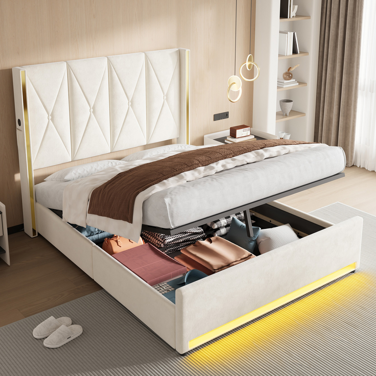 LVHOM Polsterbett mit Stauraum, Doppelbett mit LED, USB-Anschlüsse und Seitentaschen, Funktionbett, 160x200 cm, Beige