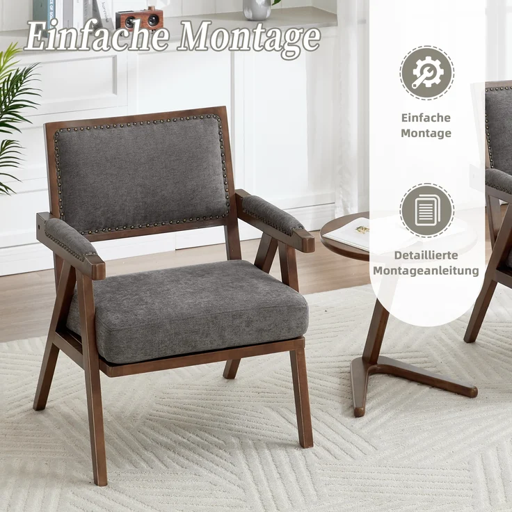 LVHOM Loungesessel mit Armlehne, Polstersessel aus Linen, Massivholzgestell, für Wohnzimmer, Büro, Schlafzimmer, Grau – Bild 8