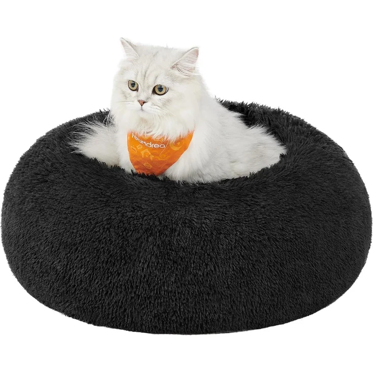 Feandrea Hundebett flauschig, Katzenbett, Donut Kissen, waschbar, Polsterung in der Mitte herausnehmbar, Langer Plüsch, 50 cm Durchmesser, tintenschwarz PGW037B01 – Bild 1