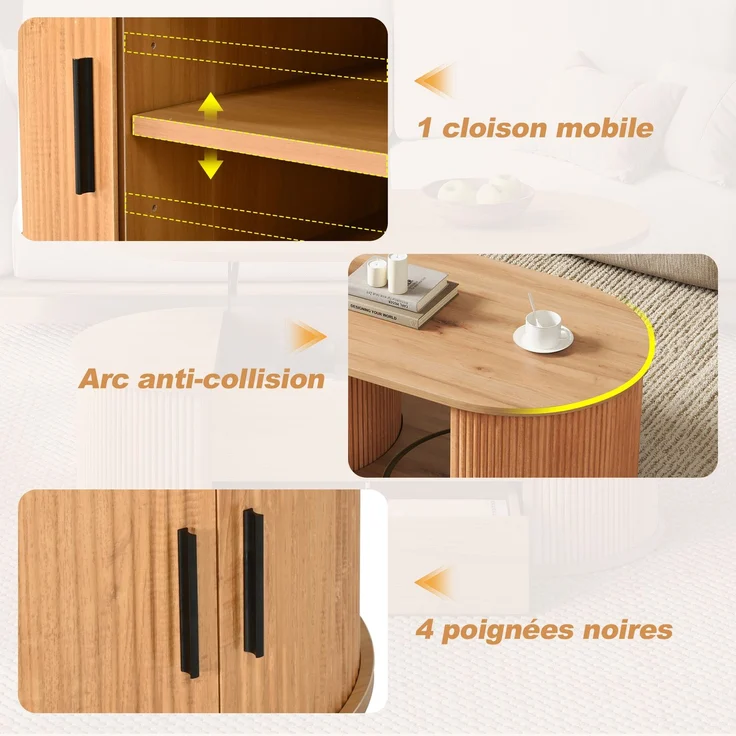 Couchtisch 100 x 50 x 33 cm, mit ovaler Tischplatte, mit verdeckt liegendem Stauraum, aus MDF und Spanplatte, Naturfarben – Bild 13