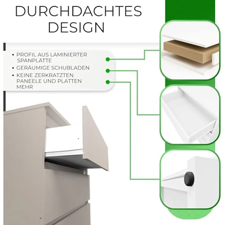 CDF Kommode Kashmir mit 4 Schubladen 97 cm Hoch Sideboard Schmale Komode Schlafzimmerkommode für Flur Büro Schlafzimmer Wohnzimmer Schubladenschrank Regal mit Schubladen Schrank Modernes Möbelstück – Bild 5