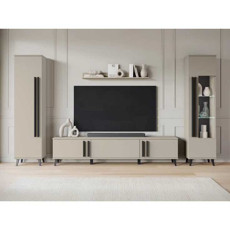 Wohnwand Hailea II (Farbe: Congo / Congo + Schwarzer Graphit, mit weißer LED Beleuchtung) – Bild 3