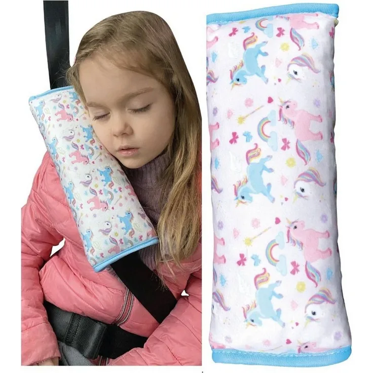 HECKBO Schlafkissen Auto Schlafkissen Einhorn Motiv für Kinder Mädchen Jungen - maschinenwaschbar – kuschelweich - Auto Gurtkissen, Gurtschoner, Gurtschutz Sitzerhöhung, Auto Kissen, Reisekissen, Urlaub