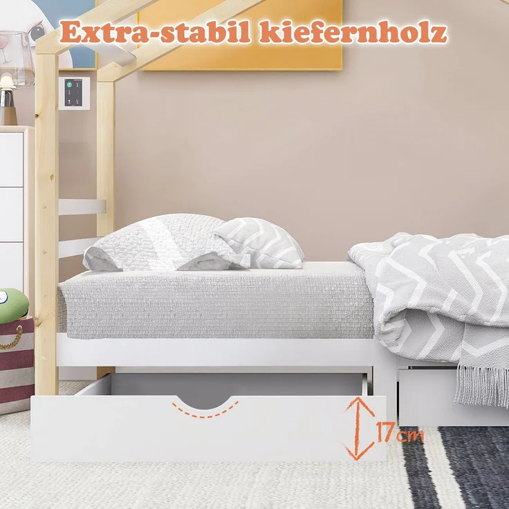 Merax Kinderbett Hausbett mit Schubladen, Massivholz mit Lattenrost, Kiefernholz Hausbett , Kinder und Jugendzimmer, weiß+holzfarbe (90x200cm) – Bild 7