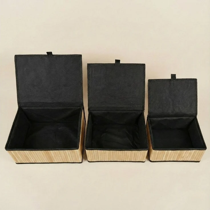 BOXIMO Aufbewahrungsbox Verschließbare Körbe in drei Größen TILVA, 3er-Set (Set, 3-teiliges Set (3 Boxen mit Deckel), Bambusmaterial, faltbar, rechteckig, mit Deckel, für Haushalt – Bild 4