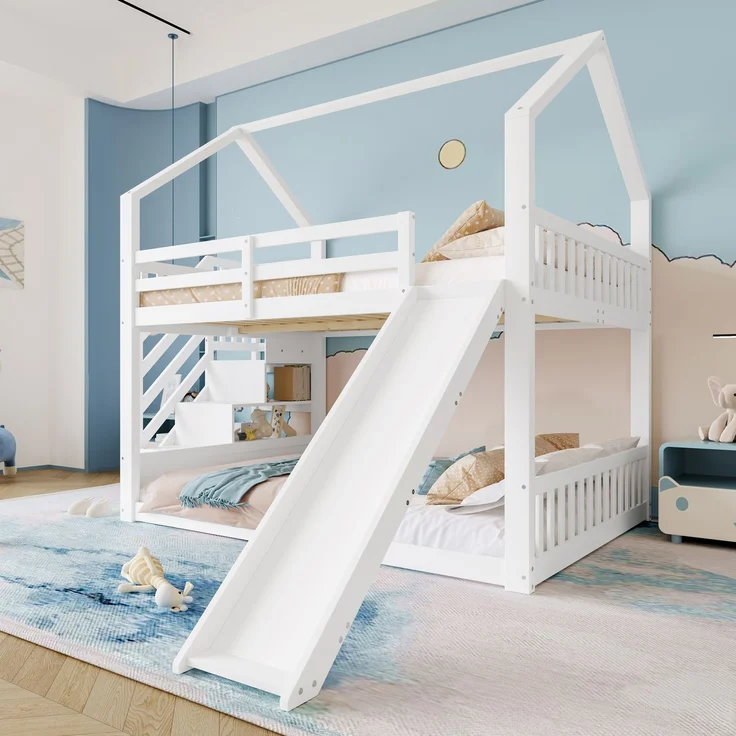 Etagenbett mit Stauraumtreppe und Rutsche, Hausbett(Ohne Matratze), Kinderbett mit Geländer,geeignet für Kinder, Jugendliche, 140x200 cm, Weiß – Bild 2