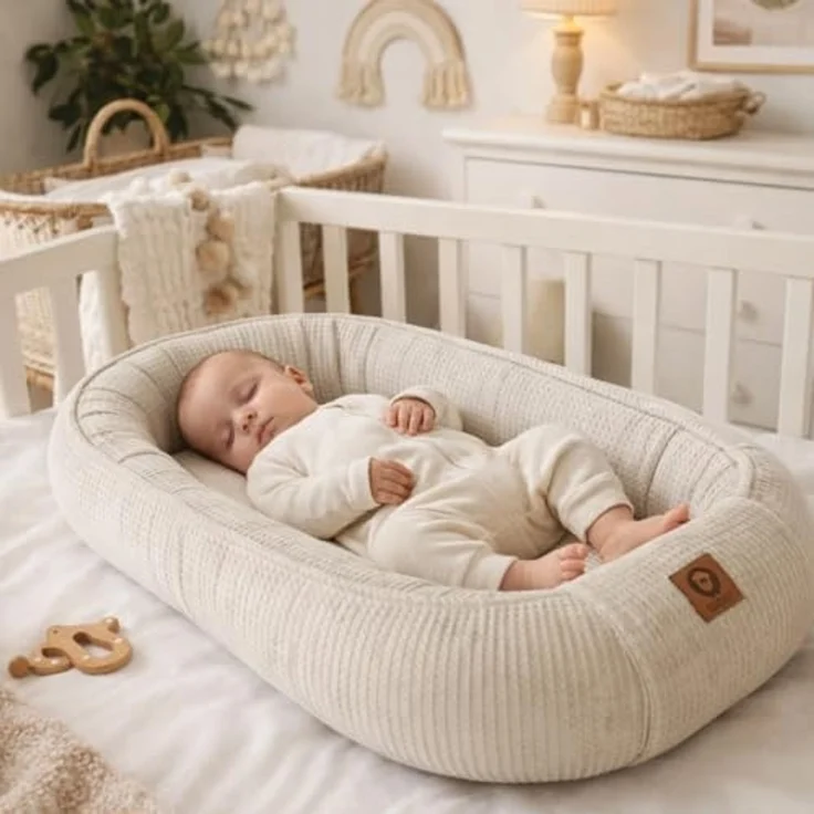 Babynestchen Neugeborene – Babynest aus Waffelpique Baumwolle – Nestchen Baby für Babybett & Kinderbett – Babykokon Tragbar – OEKO-TEX zertifiziert – Zubehör Babybett - Sand Waffelpique – Bild 2