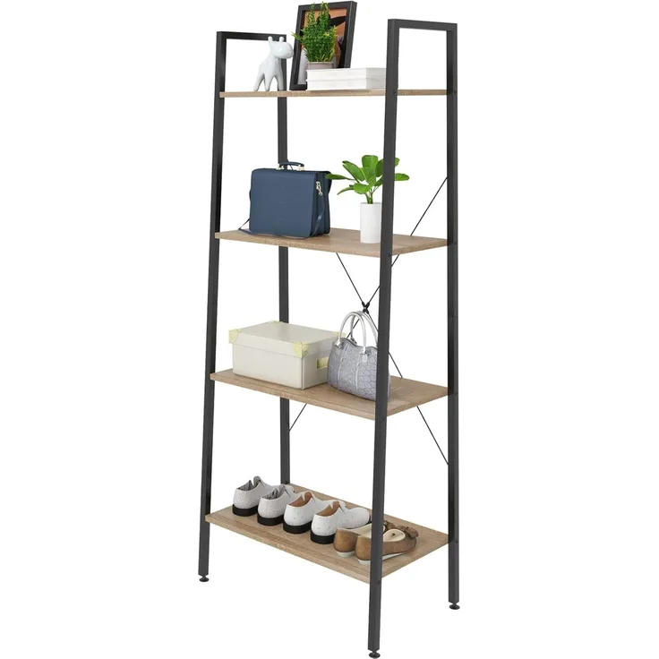 eSituro Bücherregal Leiterregal 4 Ablagen Standregal Aufbewahrung Küchenregal Badregal 60 x 35 x 148CM Schwarz+Hell Eiche SSTR0020