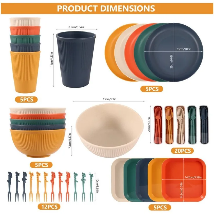 BlingBin Geschirr-Set 24/52 Teiliges Unzerbrechliches Camping Geschirr Set für 5-6 Personen (52-tlg), 5 Personen, Kunststoff, Kunststoff Servierteller Schüsseln Besteck für Party,Zuhause,Picknick