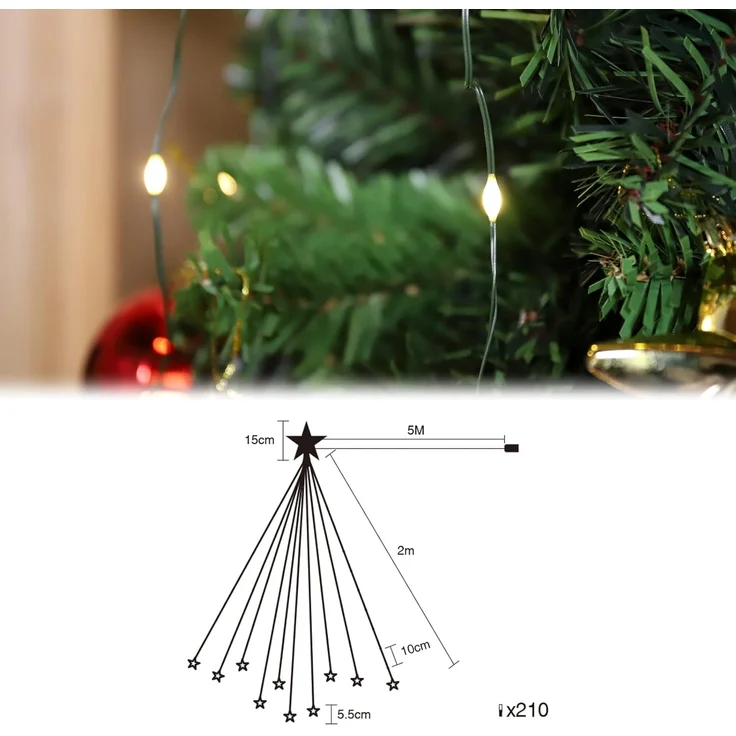 SALCAR 2m Christbaumbeleuchtung, Weihnachtsbaum Lichterkette mit 10 Girlanden und 1 Weihnachtsbaumspitzestern, 210 LED Lichterkette für Baum, Tannenbaum, Grüngürtel, Busche - Warmweiß – Bild 3