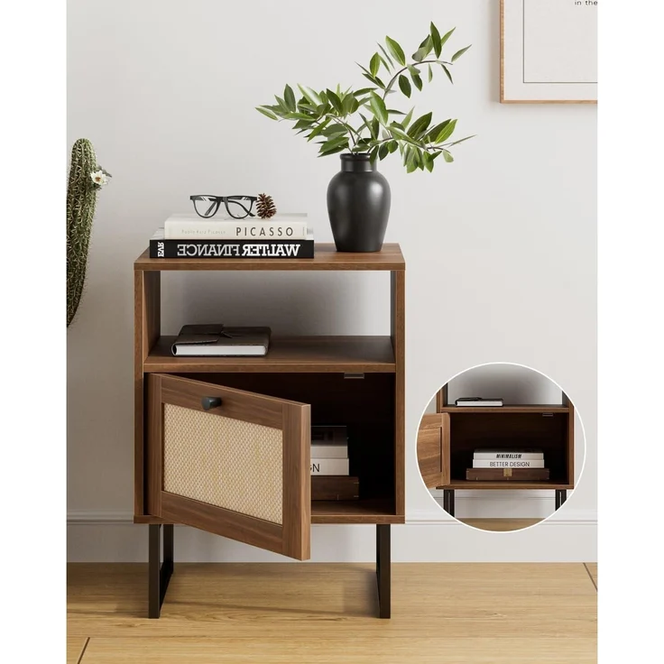Boho Rattan Nachttisch mit Schublade und Regal, Goldrahmen, Braun – Bild 6