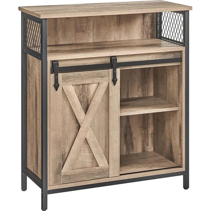 VASAGLE Sideboard, Küchenschrank, Aufbewahrungsschrank, mit Schiebetür, 30 x 70 x 80 cm, verstellbare Ablage, offenes Fach, Landhausstil, für Wohnzimmer, eichenbraun-schwarz LSC089B50