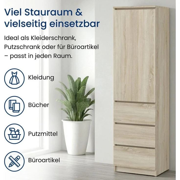 Home Collective Kleiderschrank Mehrzweckschrank Garderobenschrank mit 3 Einlegeböden & 3 Schubladen (ideal für Schlafzimmer, Flur oder Arbeitszimmer) platzsparender & vielseitiger Schrank 50x40x180 cm (BxTxH), sonoma – Bild 2