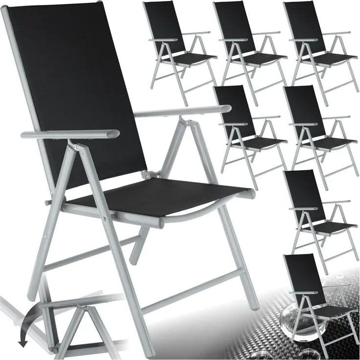 tectake® Aluminium Gartenstuhl 8er Set, Klappstuhl mit 7-Fach Verstellbarer Rückenlehne, wetterfest, Camping Stuhl mit Armlehnen, für Garten Terrasse Balkon, Gartenmöbel Set mit 8 Stühlen - Silber