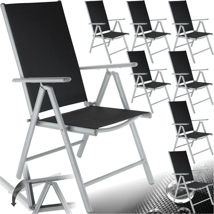 tectake® Aluminium Gartenstuhl 8er Set, Klappstuhl mit 7-Fach Verstellbarer Rückenlehne, wetterfest, Camping Stuhl mit Armlehnen, für Garten Terrasse Balkon, Gartenmöbel Set mit 8 Stühlen - Silber