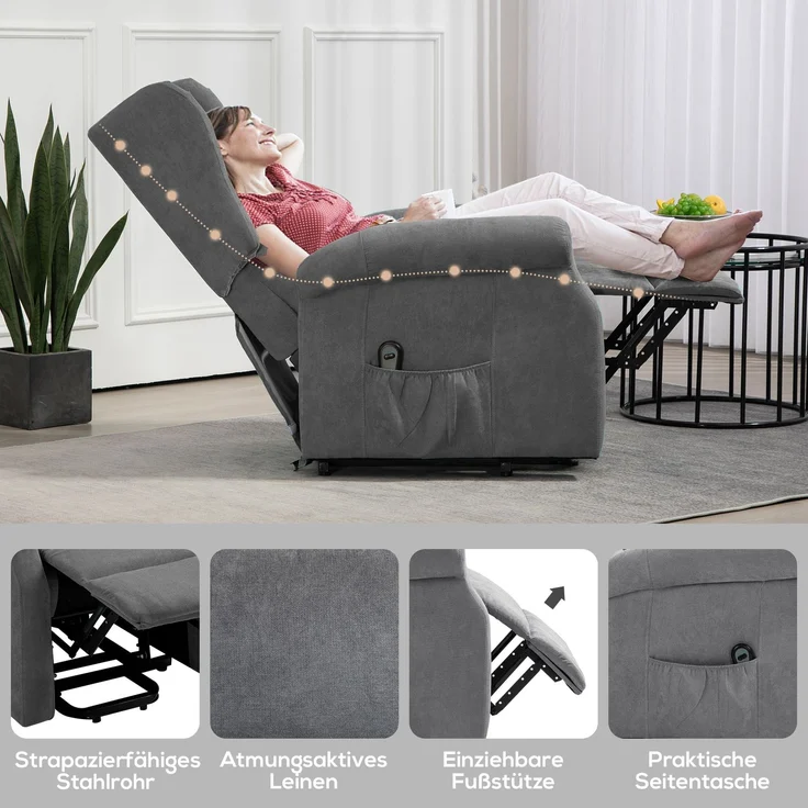 Rayofly-Relaxsessel mit Aufstehhilfe und Liegefunktion, bis 200 kg, Dunkelgrau, H 111 cm x T 74 cm x B 94 cm – Bild 8