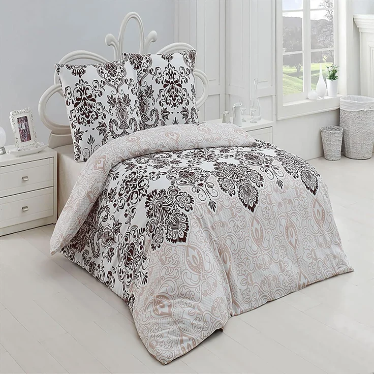 Buymax Bettwäsche Wendebettwäsche, Bettbezug-Set, Renforcé 100% Baumwolle, 3 teilig, 200x220 cm, elegant, mit Reißverschluss, Barock, Weiß, Beige – Bild 1