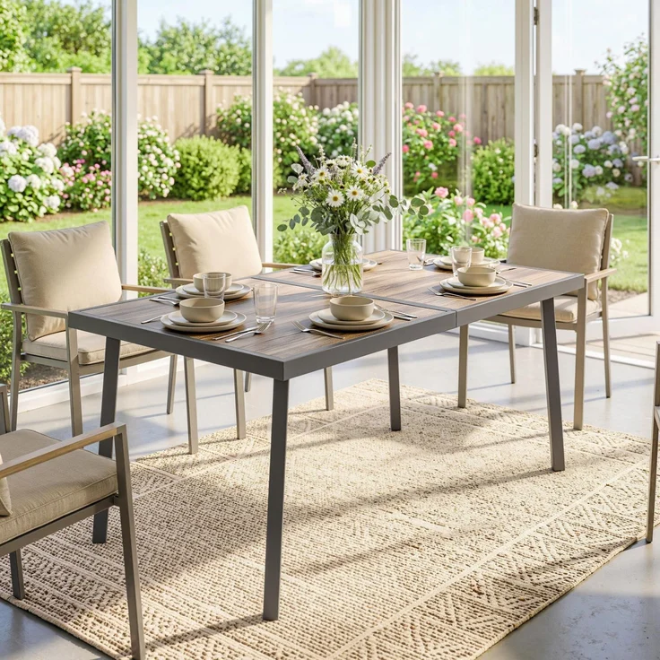 Rechteckiger Gartentisch für 6 Personen mit Tischplatte in Holzoptik, aus Stahl und PSPC, 145 x 85 x 72 cm, grau – Bild 9