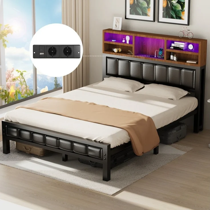 oyajia Polsterbett Doppelbett mit LED Licht 140x200cm,Stauraumkopfteil (Mit Lattenrost und Ladefunktion,PU-Leder material Polsterbett), Modernes Jugendbett, Leises Design Bett, Max. Belastbarkeit 200/272 kg – Bild 1