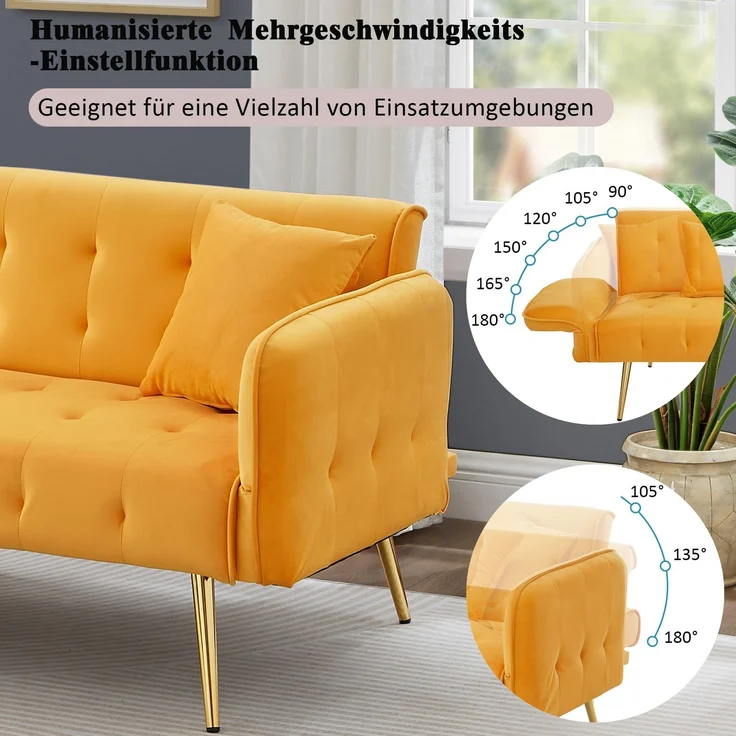 Sofabett 2-in-1 Samt,Zweisitzer mit verstellbarer Rückenlehne & Armlehnen, zum Gästebet,Gelb – Bild 8
