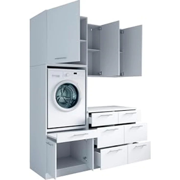 Laundreezy Waschraum Komplett-Set, Weiß - Modulares Schranksystem für Waschküche & Hauswirtschaftsraum - 168 x 238 x 68 cm (B/H/T) – Bild 5
