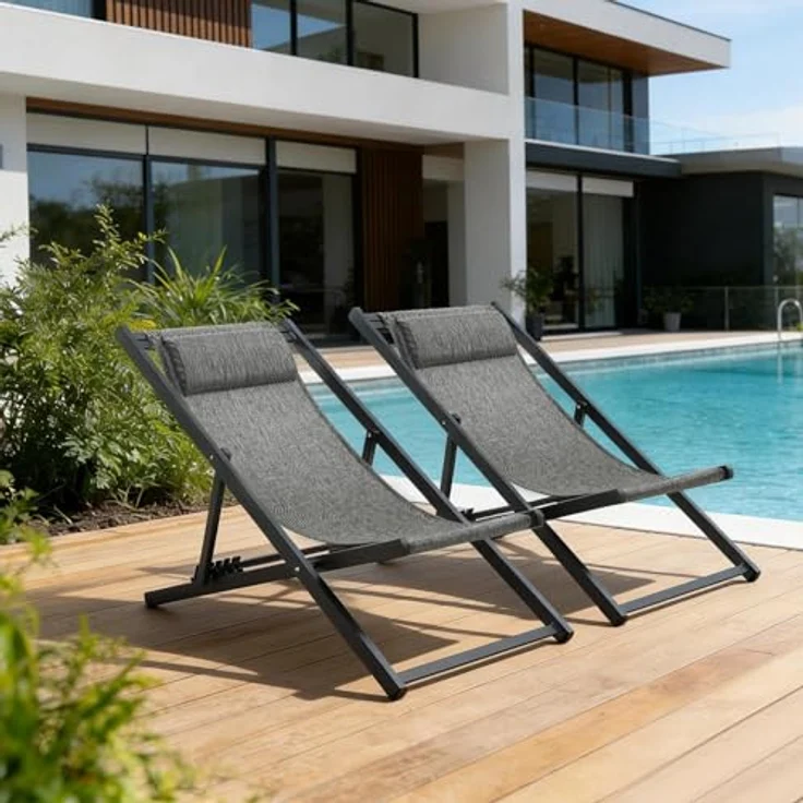 Mondeer Sonnenliege 2er Set, klappbarer Liegestuhl mit Kopfstütze und Verstellbarer Rückenlehne für Garten Pool Terrasse, Belastbarkeit 130kg, W104 x D58 x H95cm, Schwarz und Grau – Bild 2