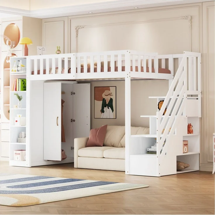 Odikalo Kinderbett Hochbett Jugendbett 90x200 mit Stauraum (Multifunktionales Hochbett 90x200 cm mit Regalen, Stauschrank und großem Kleiderschrank, Sicherheitsleiter mit Ablagefächern, Grau + Rohholzfarben) – Bild 5