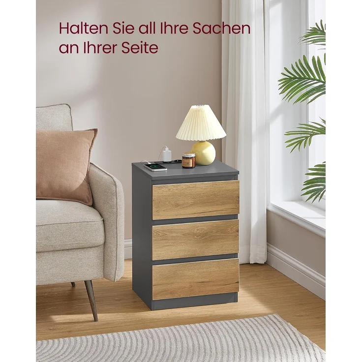 VASAGLE Nachttisch mit Steckdosenleiste, 2er Set, Beistelltisch, 3 Schubladen, 2 AC-Steckdosen, 2 USB-A-Anschlüsse, Wohnzimmer, Schlafzimmer, Arbeitszimmer, modern, schiefergrau-naturbraun LET831G01 – Bild 7