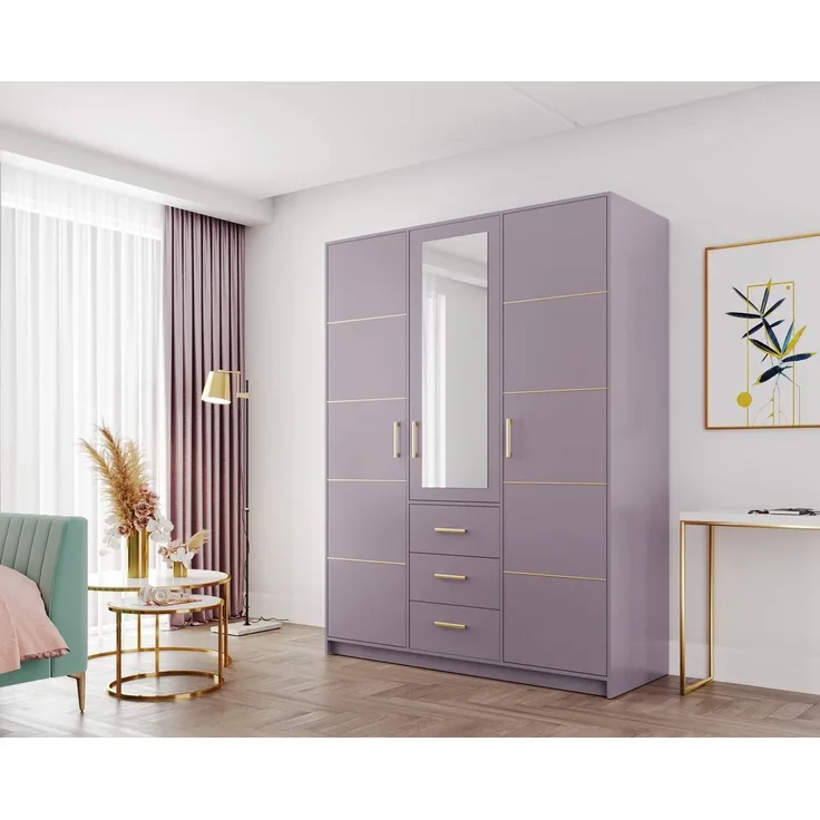 Beautysofa Kleiderschrank BALID D3 Schrank mit Spiegel (Drehtürenschrank mit Einlegeböden, Kleiderstange und 3 Schubladen, 3-türig) Breite: 147 cm