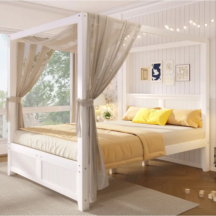Himmelbett 140x200 cm mit Dachrahmen und Lamellen-Optik – weiß aus Holz und MDF (ohne Matratze)