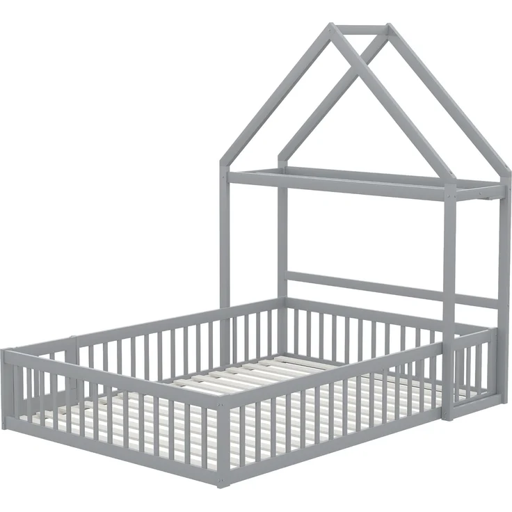 Spielhausbett Mit Abnehmbarem Dach 140x200 Kiefer Massivholz Bodenbett Mit Tür Bücherregal Kleiderstange Lattenrost 200kg Tragkraft Montessori Spielbett Großes Kinderbett – Bild 2