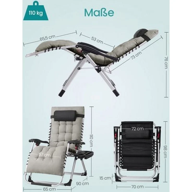 SONGMICS Klappbare Relaxliege mit Stahlrahmen, abnehmbarem Kissen, Liegestuhl für Garten und Balkon, Tasche, Tablett, hellgrau – Bild 5