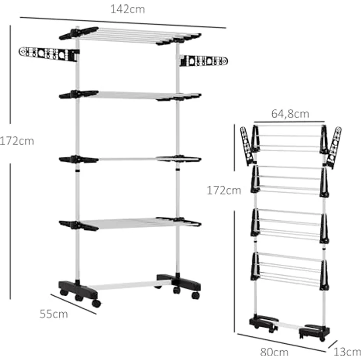 HOMCOM Wäscheständer Trockenständer mit Rollen, Wäscheturm für Indoor, Outdoor, Edelstahl, 142 x 55 x 172 cm, Schwarz – Bild 8