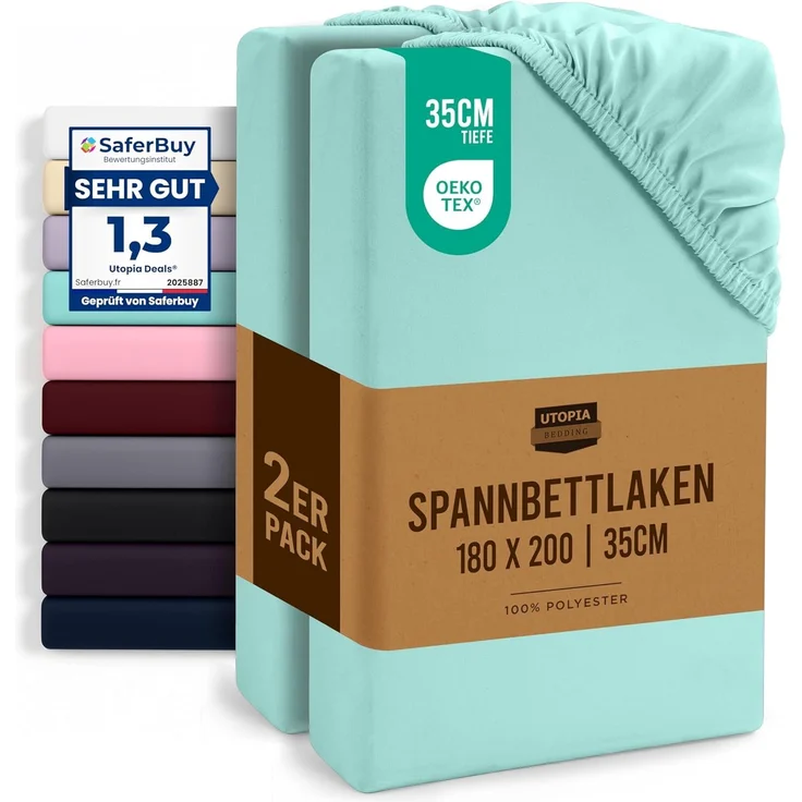 Utopia Bedding - 2er Set Spannbettlaken 180x200 cm - Spa Blau - Gebürstete Mikrofaser Spannbetttuch - 35 cm Tiefe Tasche