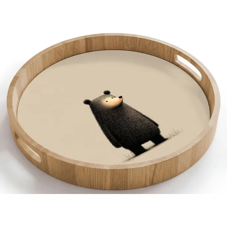 OnlyWow Tablett Rund mit Henkel Bär - Dunkelbraun - Minimalistisch, Eichenholz, (1-tlg), Siervierplatte, Tray, Frühstücksbrett
