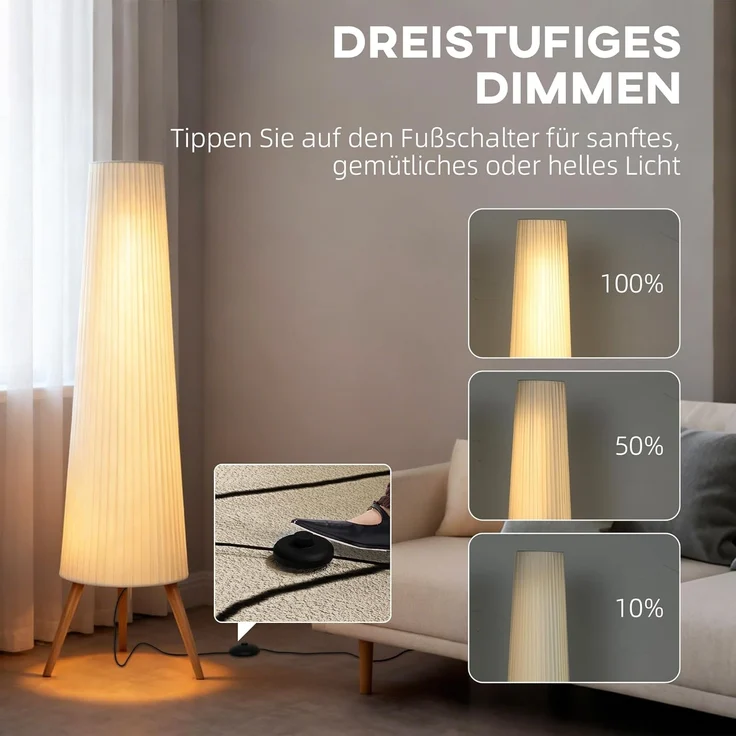 HOMCOM Stehlampe Dimmbar Stehleuchte mit Dreibein, Fußschalter, Dimmfunktion, LED fest integriert, Warmweiß, für Wohnzimmer Schlafzimmer, Weiß – Bild 3