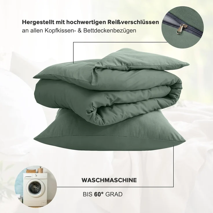 Bettwäsche-Set 155x220 cm Ganzjahres Salbei Grün Mikrofaser – Bild 6