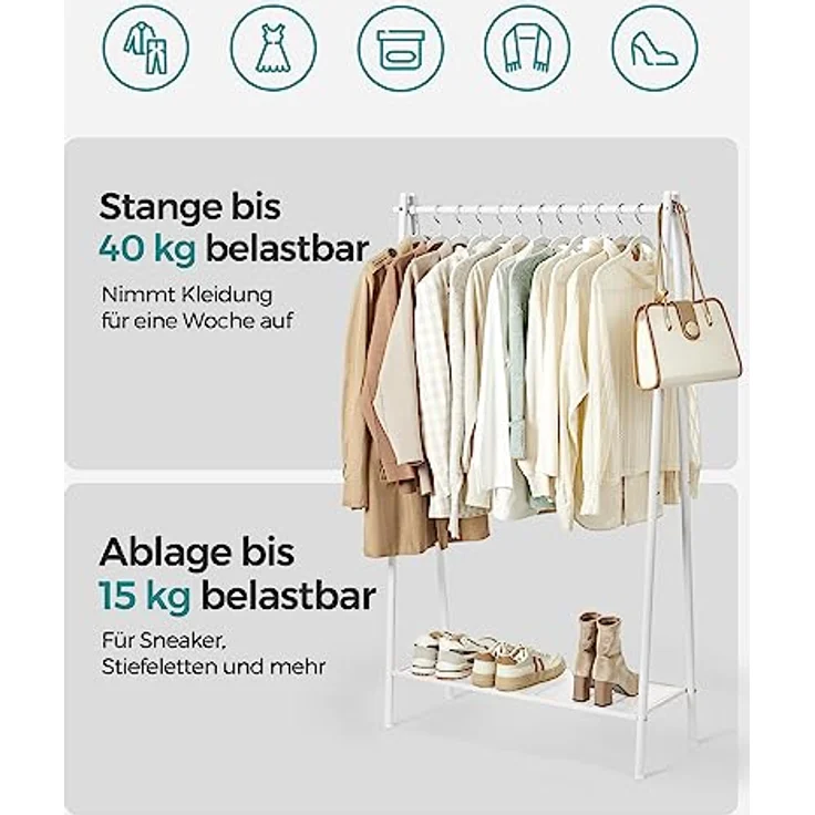 SONGMICS Kleiderständer, Garderobe, Garderobenständer, Kleiderablage, Stahlrahmen, mit Stange und Regal, 33,5 x 92,5 x 153 cm, für Schlafzimmer, Garderobe, Waschküche, Weiß HSR023W01 – Bild 5