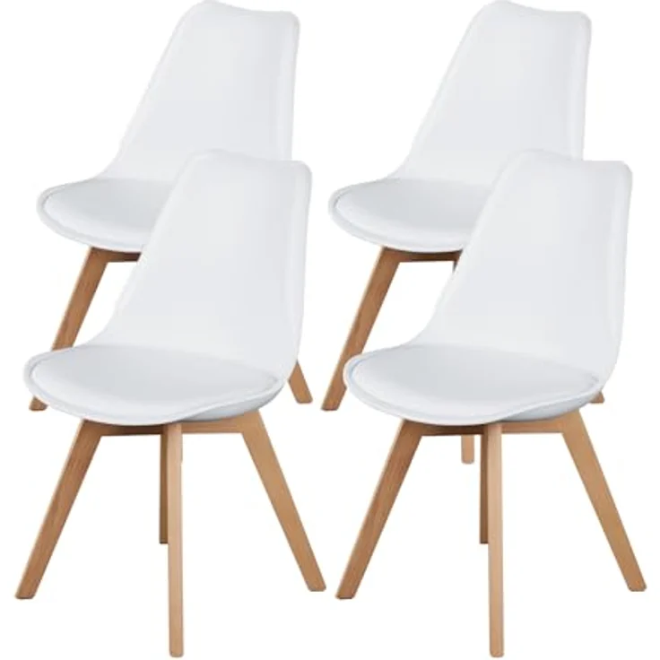 Sweetrcrispy Esszimmerstühle 4er Set, Mid-Century Modern, PU-Leder Polsterstühle mit Holzbeinen, Küchen- & Esszimmer, Weiß – Bild 1
