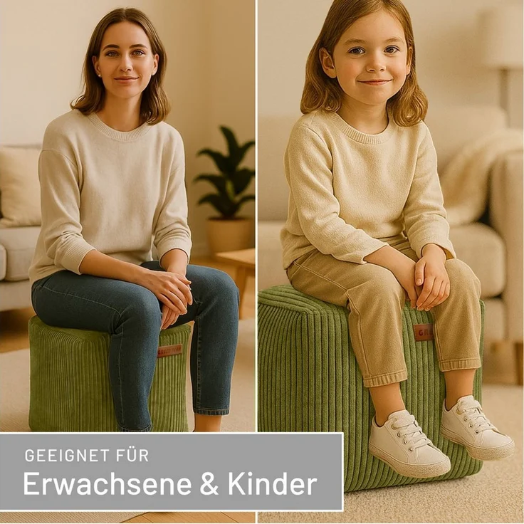 Green Bean Indoor Cord Sitzhocker Pouf Cube 40x40x40cm mit EPS-Perlen Füllung - kuschelig weich waschbar - die ideale Ergänzung zum Sitzsack für Kinder & Erwachsene - Grün – Bild 4