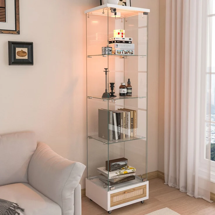 Vitrine 42,5 x 36,5 x 167 cm aus MDF und gehärtetem Glas, mit Schubladen und LED-Beleuchtung – Bild 2