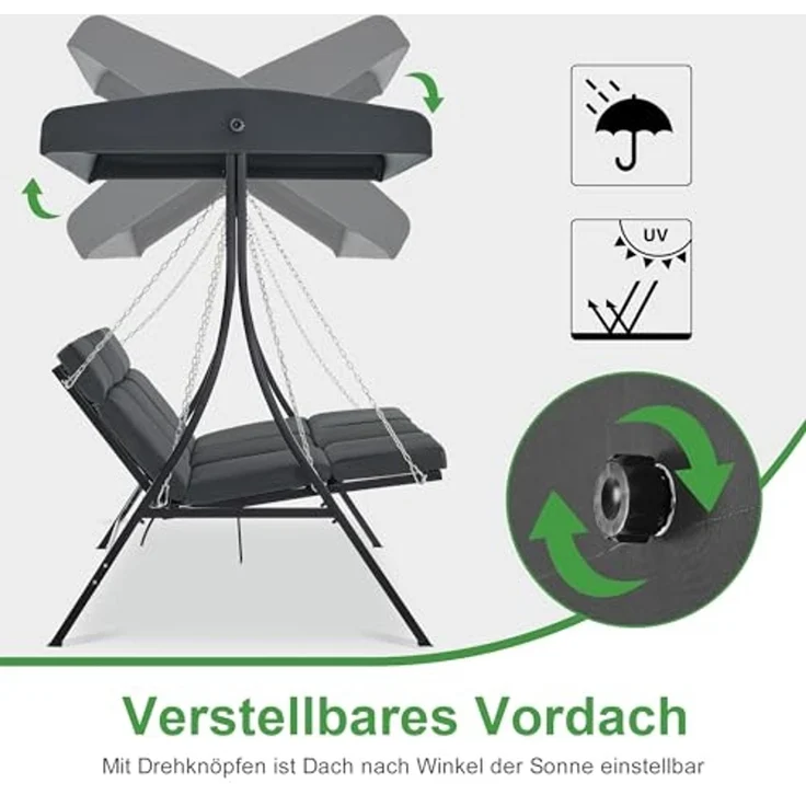M MCombo Hollywoodschaukel mit Liegefunktion, Gartenschaukel 3 Sitzer Wetterfest, Outdoor Schaukelbank mit Metallketten, Verstellbarem Dach, 123*194*169 cm, 8018 (Dunkgelgrau) – Bild 6