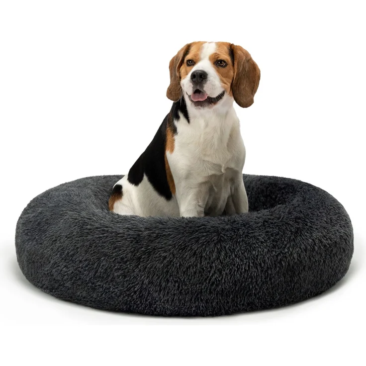 lionto Donut Hundebett, rundes Hundesofa mit Plüschbezug & Anti-Rutsch-Noppen, weich & gemütlich, 80 cm Durchmesser, dunkelgrau – Bild 1