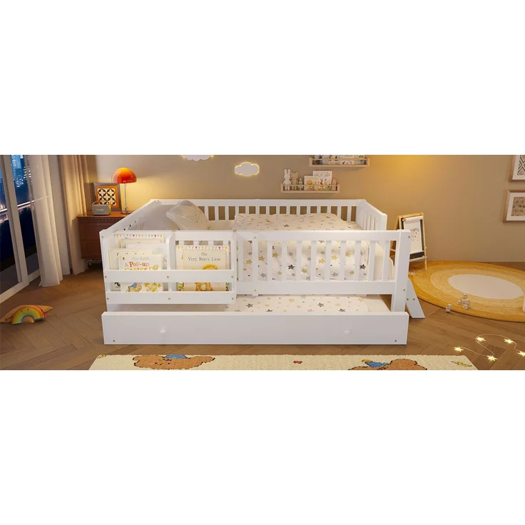 ZUBALIYA Holzbett 90 x 200 cm – Ausziehbett, flexible Montage, Geländer, MDF, Kiefer, Weiß – Bild 12