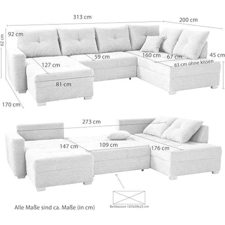 Wohnlandschaft U-Sofa groß Schlaffunktion Couch Bettkasten Cord Dunkelgrau – Bild 3