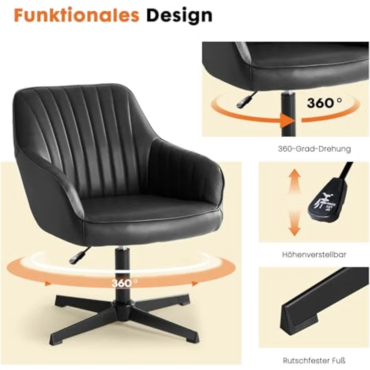 Sweetcrispy Esszimmerstühle, Küchenstuhl Drehbar & Höhenverstellbar - Leder Sessel Esstisch mit Armlehne, 360° Drehstuhl Esszimmer in Schwarz, 1 Stück – Bild 7